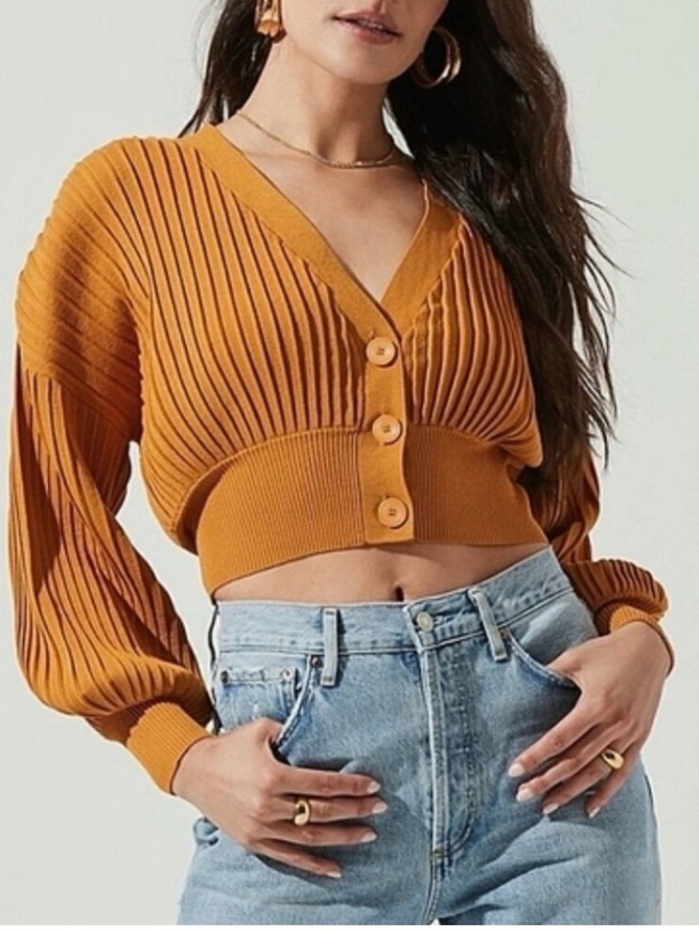 ASTR the Label Zuri Cropped Rib-Knit Button Front Cardigan - Mustard/Gold Large